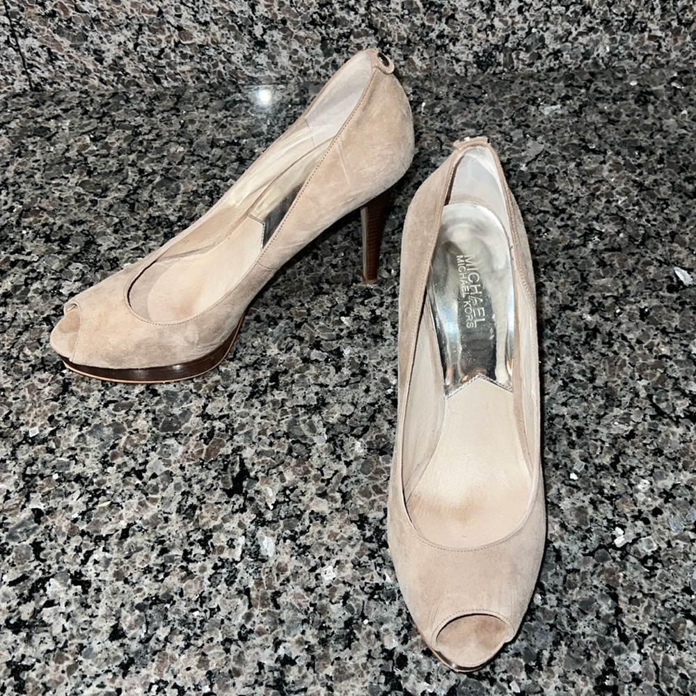 MICHAEL Michael Kors - Light Brown / Tan Suede Peep Toe High Heel